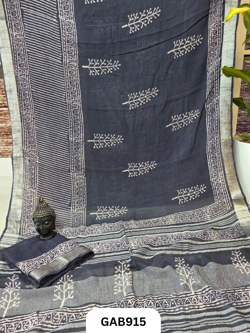 Bagru Handblock Print Linen Saree With Attached Blouse