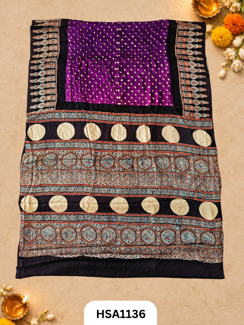 Ajarkh Bandej Modal silk saree with blouse