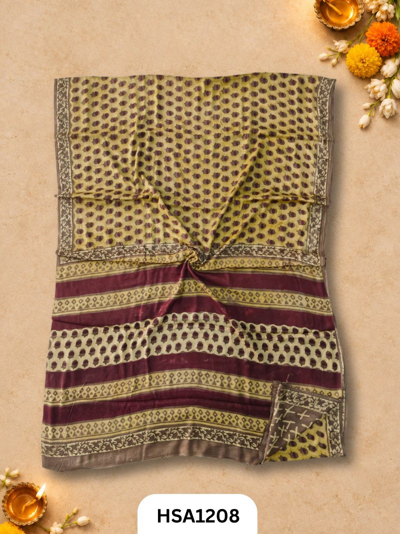 Hand Block Print Ajarkh Vanaspati Modal Silk Saree with blouse