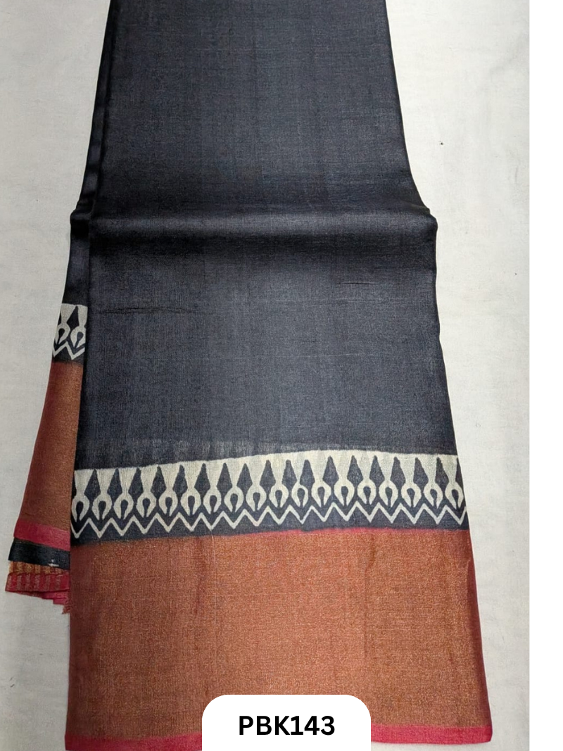 Premium Pure Tussar Silk Handblock Print Saree – Kolkata Special