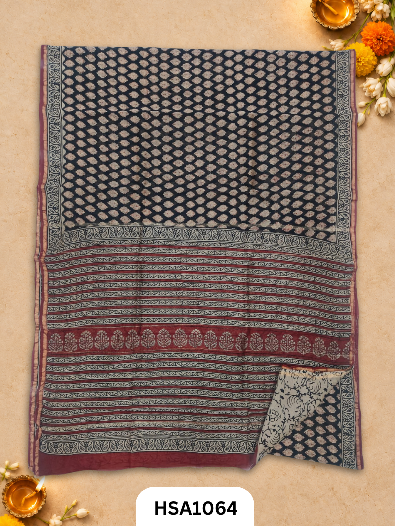 Pure Hand Block Printed Chanderi Silk Saree With Printed Blouse