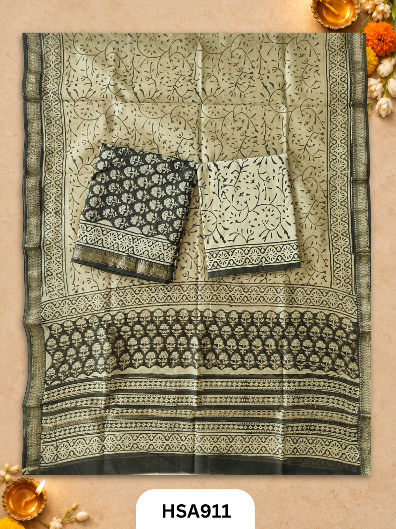 HandBlock Printed Maheshwari Silk Zari Border Top & dupttas 2.5 Mtrs | Bottom cotton 2.50 mtrs