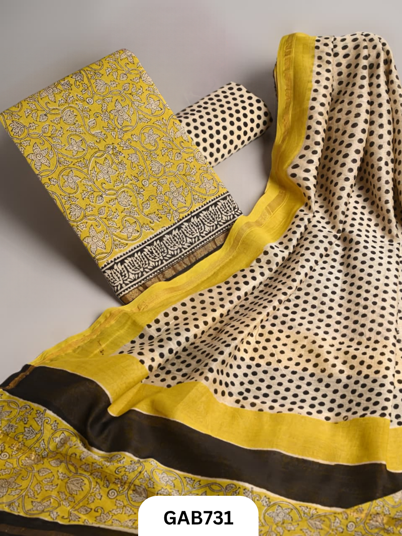 Hand Block Chanderi Silk Dress Materials Top 2.5 Mtrs Duptta 2.5 Mtrs