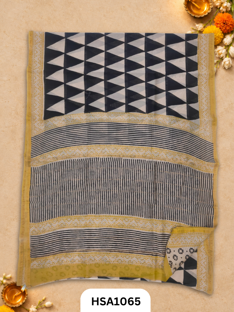 Pure Hand Block Printed Chanderi Silk Saree With Printed Blouse