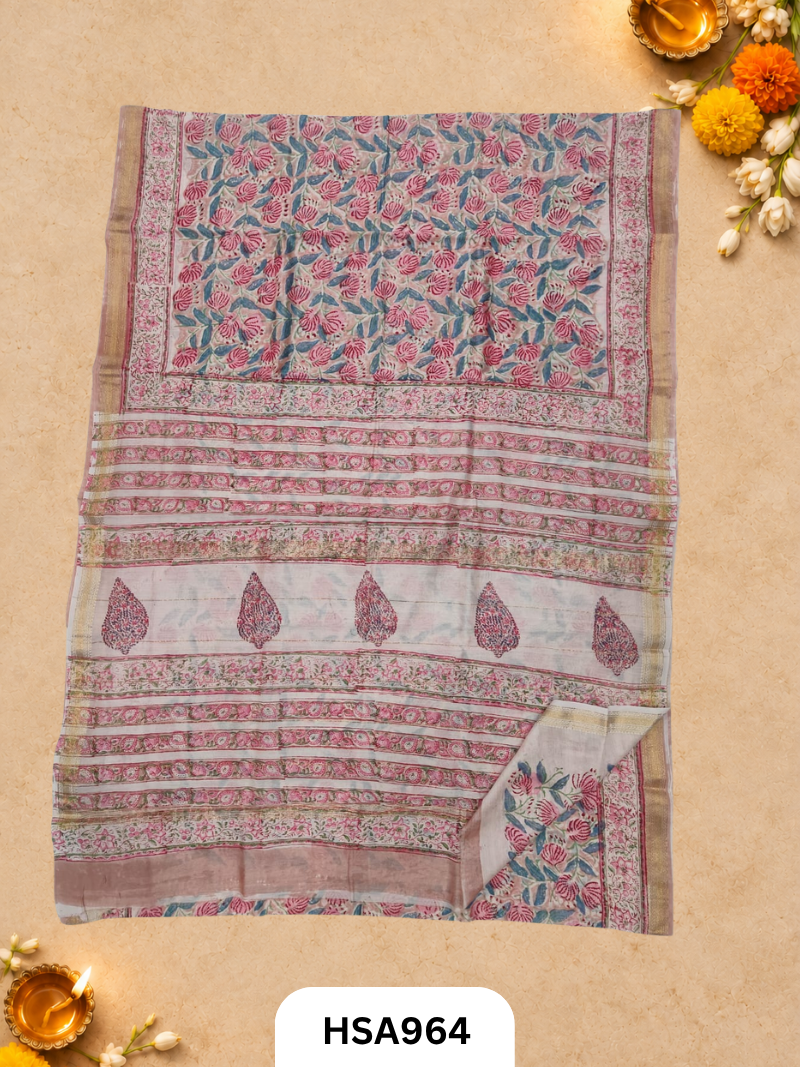 Pure Maheswari Silk Cotton - Handblock Print Saree With Blouse
