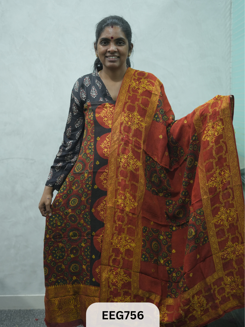 AJRAKH DOLA SILK 2 PCS-UNSTITCHED ( TOP 3.5MTR AND DUPPATA 2.25MTR )