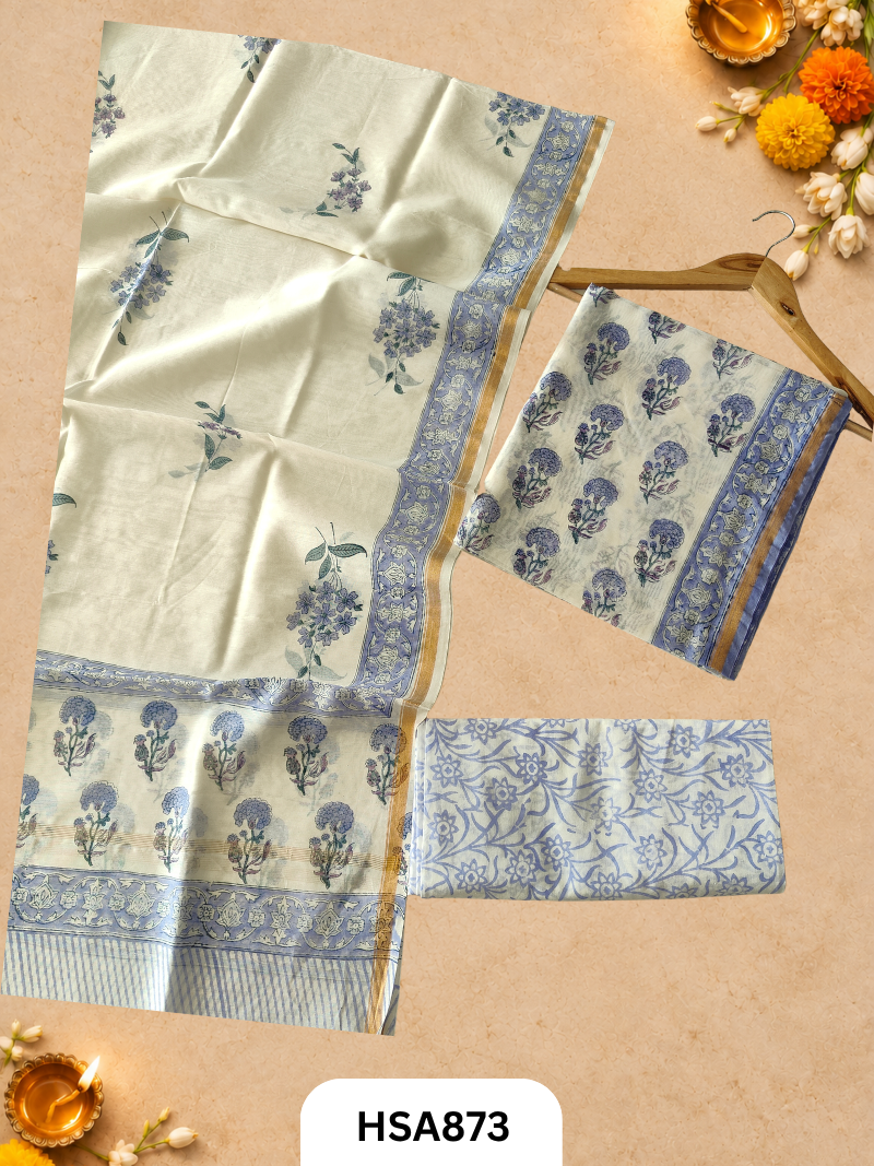 HandBlock Printed Chanderi Silk Cotton Suits -Top 2.5M Duptta 2.5M