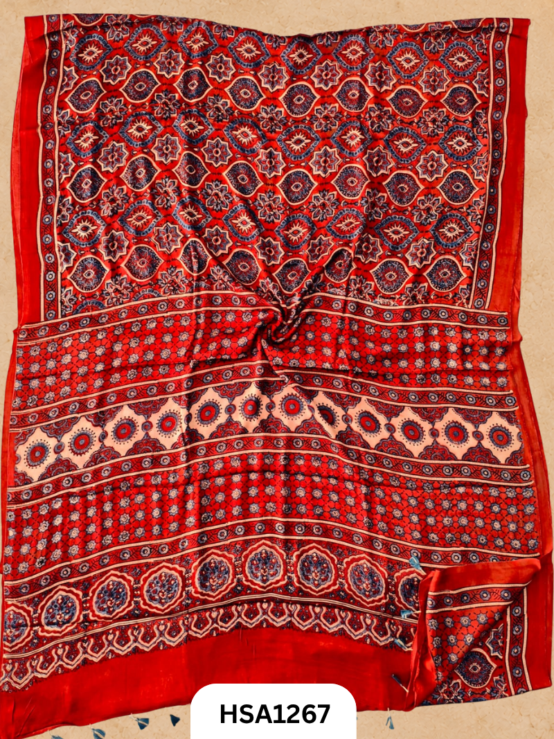 Natural Dye Vegetable Hand Block Print Ajrakh Print Pure Modal Silk Saree