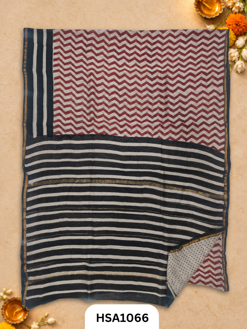 Pure Hand Block Printed Chanderi Silk Saree With Printed Blouse