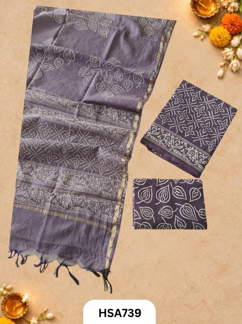 HandBlock Printed Chanderi Silk Dupatta With Cotton Suits -Top 2.5M Duptta 2.5M