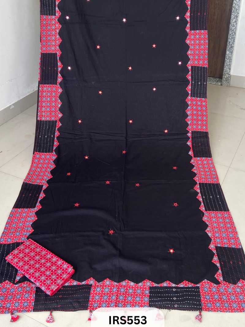 PURE MUL COTTON SAREE WITH KANTHA PATCH AND MIRROR WORK