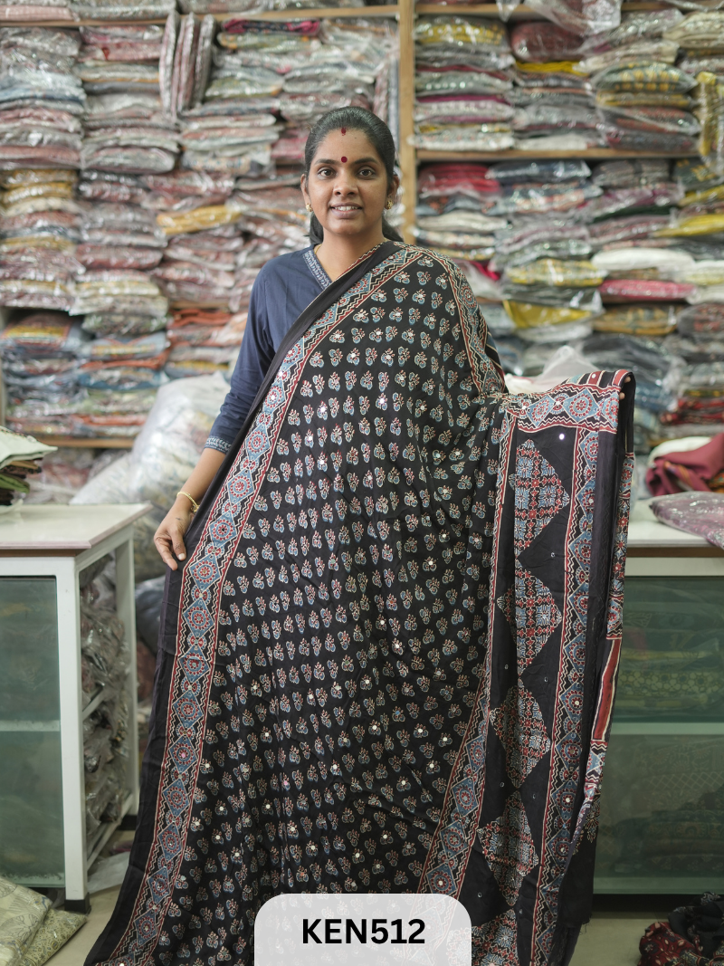 MODAL NATURAL AJRAKH HANDBLOCK SAREE WITH GLUE MIRROR