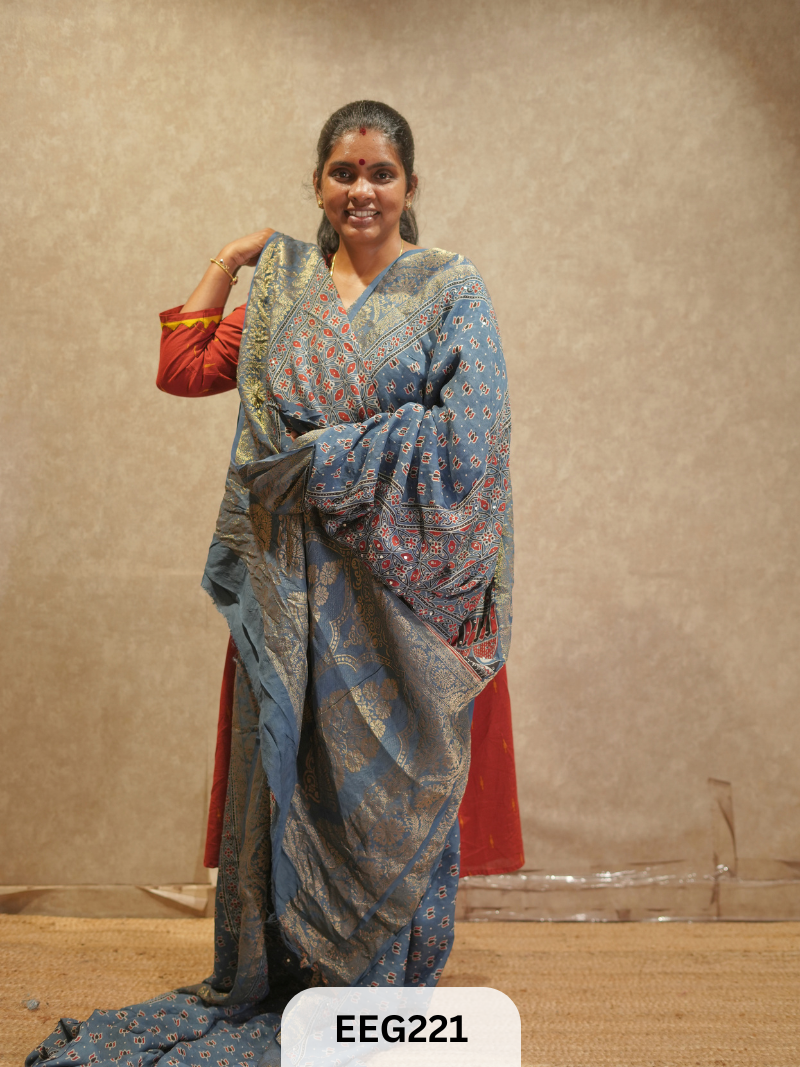 AJRAKH DOLA SILK SAREE WITH MIRROR WORK - IMMEDIATE DISPATCH
