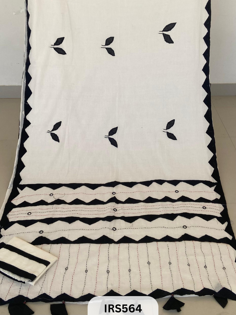 PURE MUL COTTON SAREE WITH KANTHA PATCH AND MIRROR WORK