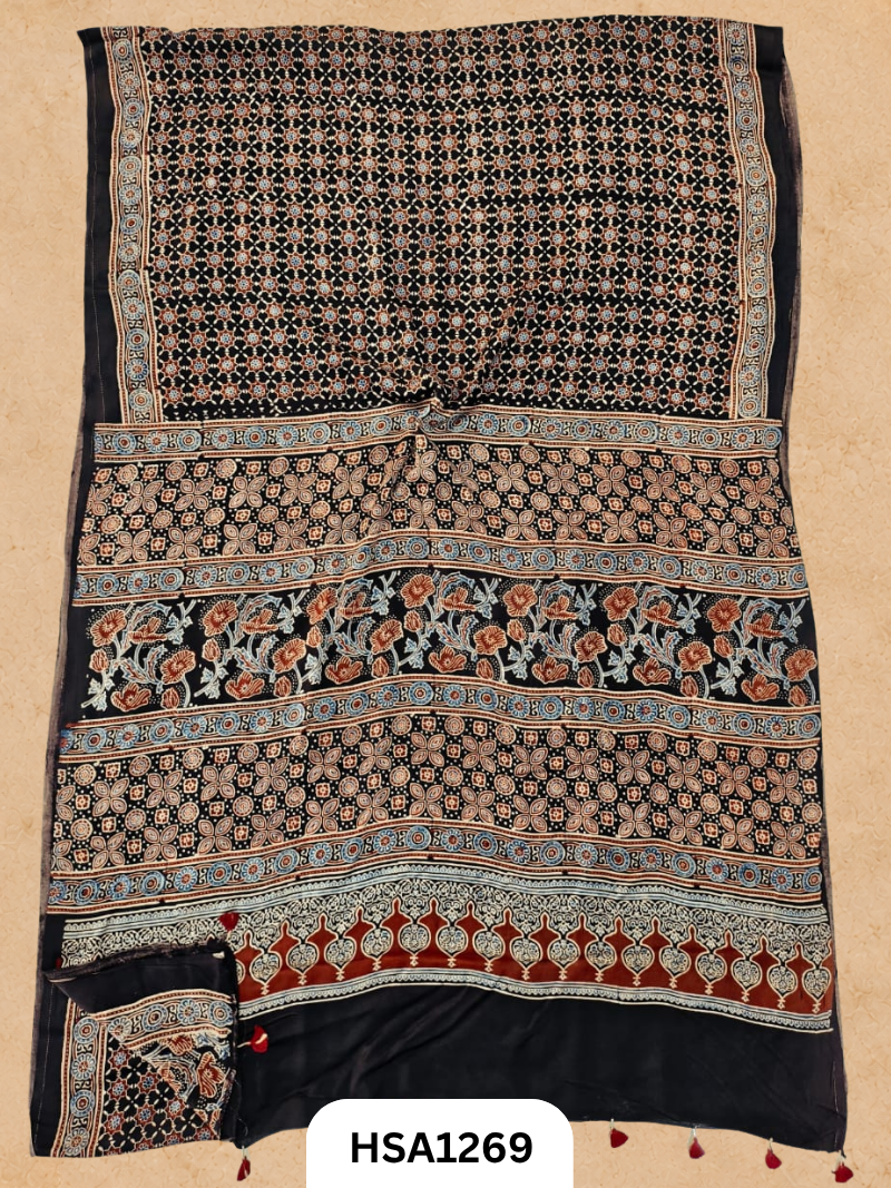 Natural Dye Vegetable Hand Block Print Ajrakh Print Pure Modal Silk Saree