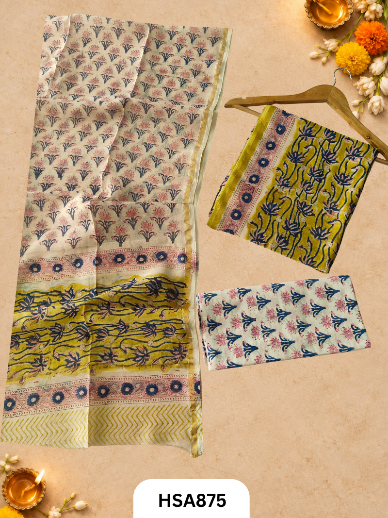 HandBlock Printed Chanderi Silk Cotton Suits -Top 2.5M Duptta 2.5M