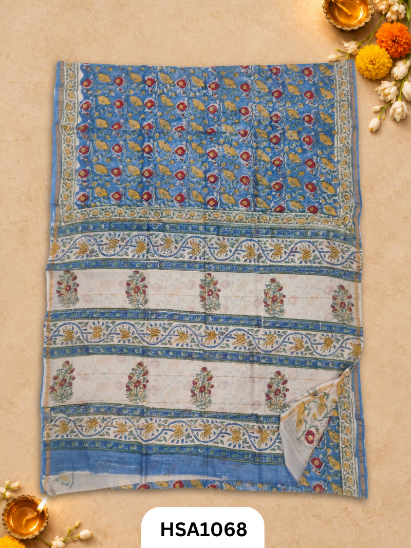Pure Hand Block Printed Chanderi Silk Saree With Printed Blouse