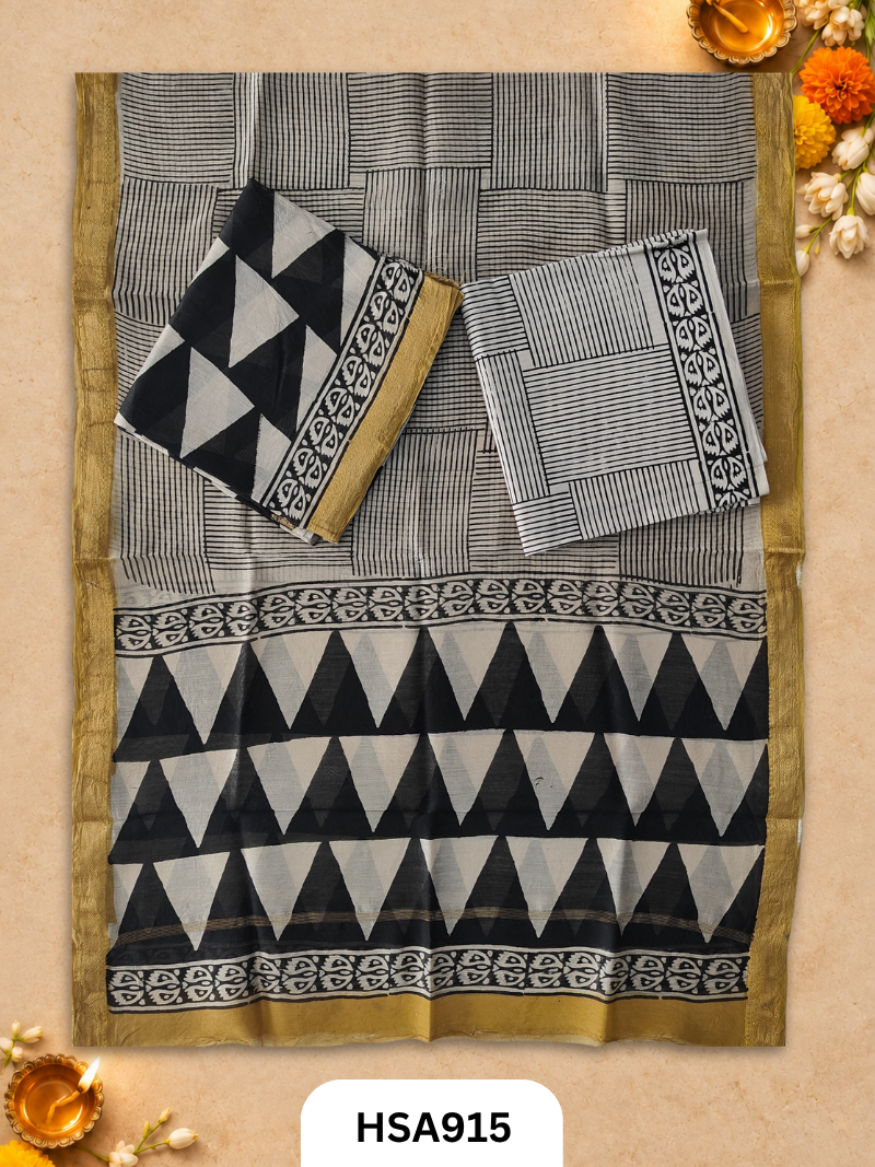 HandBlock Printed Maheshwari Silk Zari Border Top & dupttas 2.5 Mtrs | Bottom cotton 2.50 mtrs