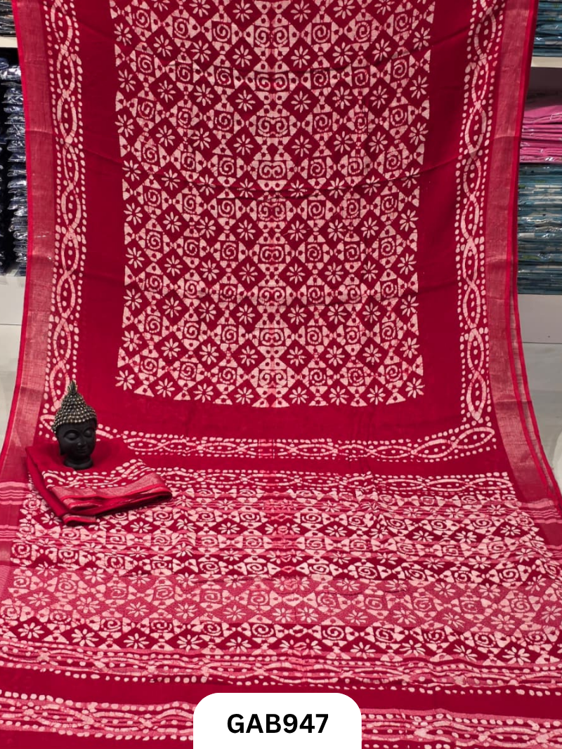 Bagru Handblock Print Linen Saree With Attached Blouse