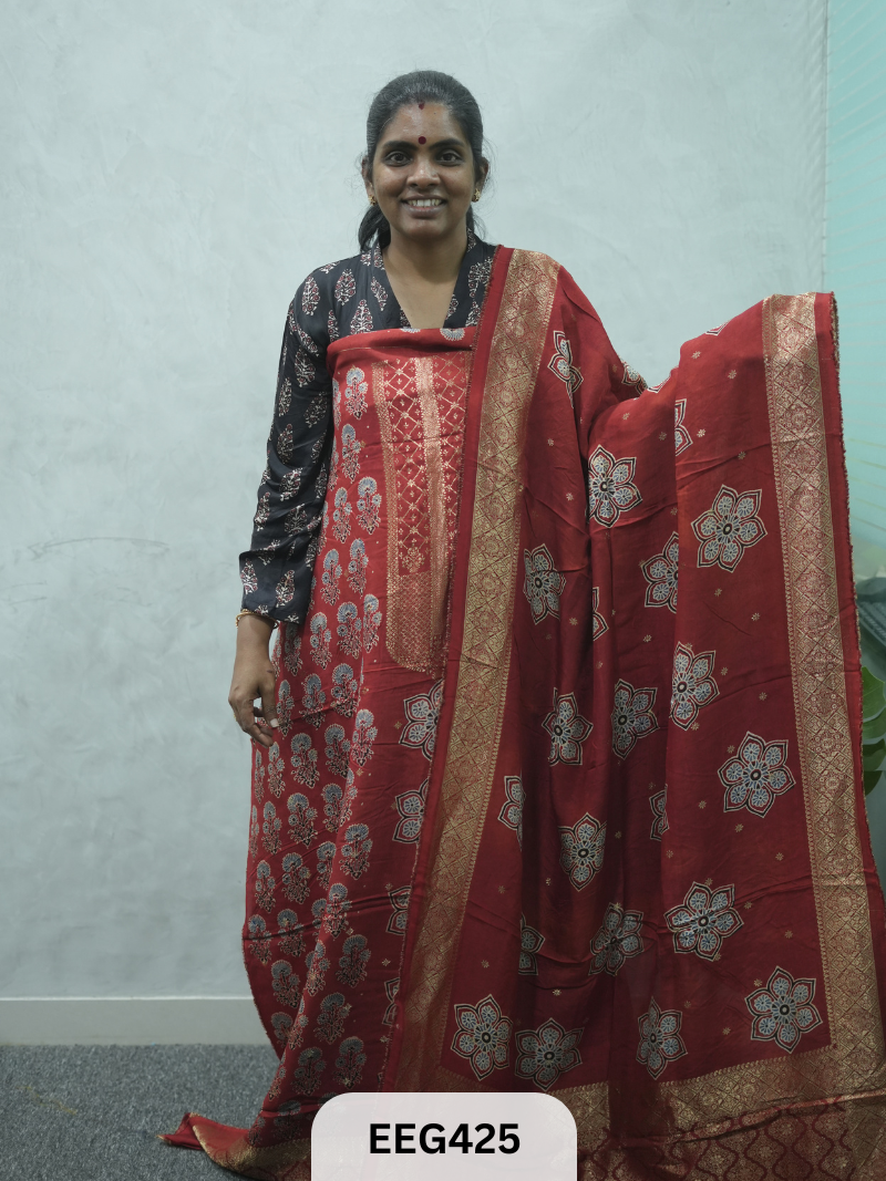AJRAKH DOLA SILK 2 PCS-UNSTITCHED ( TOP 3.5MTR AND DUPPATA 2.25MTR ) - IMMEDIEATE DISPATCH