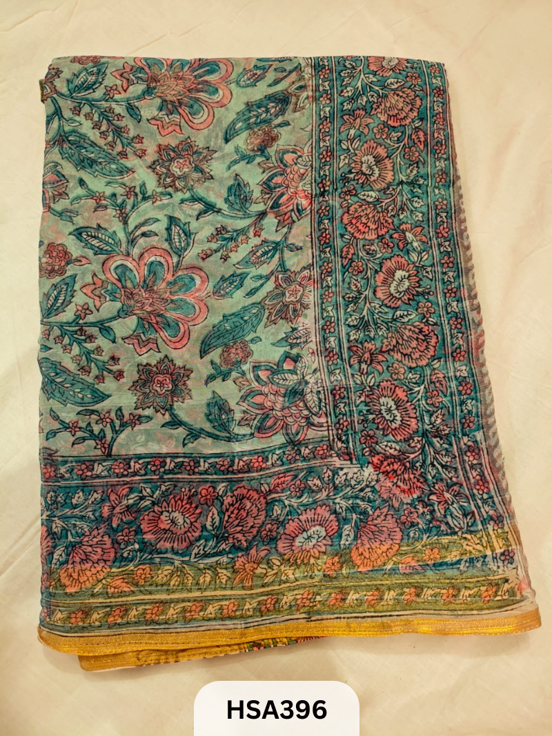 PURE HAND BLOCK PRINTED DOUBLE DIAMOID CHIFFON SAREE