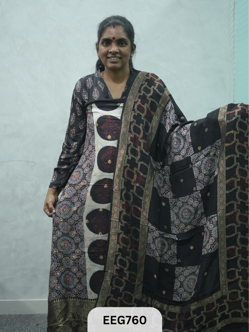 AJRAKH DOLA SILK 2 PCS-UNSTITCHED ( TOP 3.5MTR AND DUPPATA 2.25MTR )
