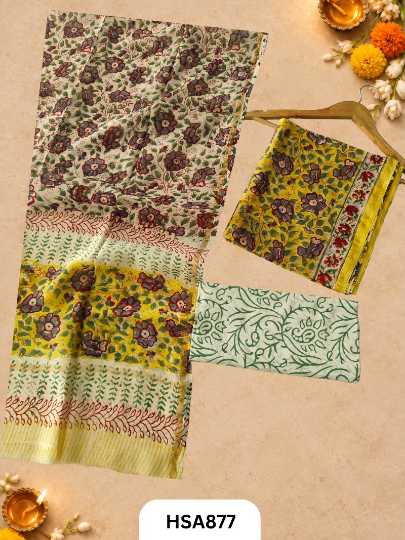 HandBlock Printed Chanderi Silk Cotton Suits -Top 2.5M Duptta 2.5M