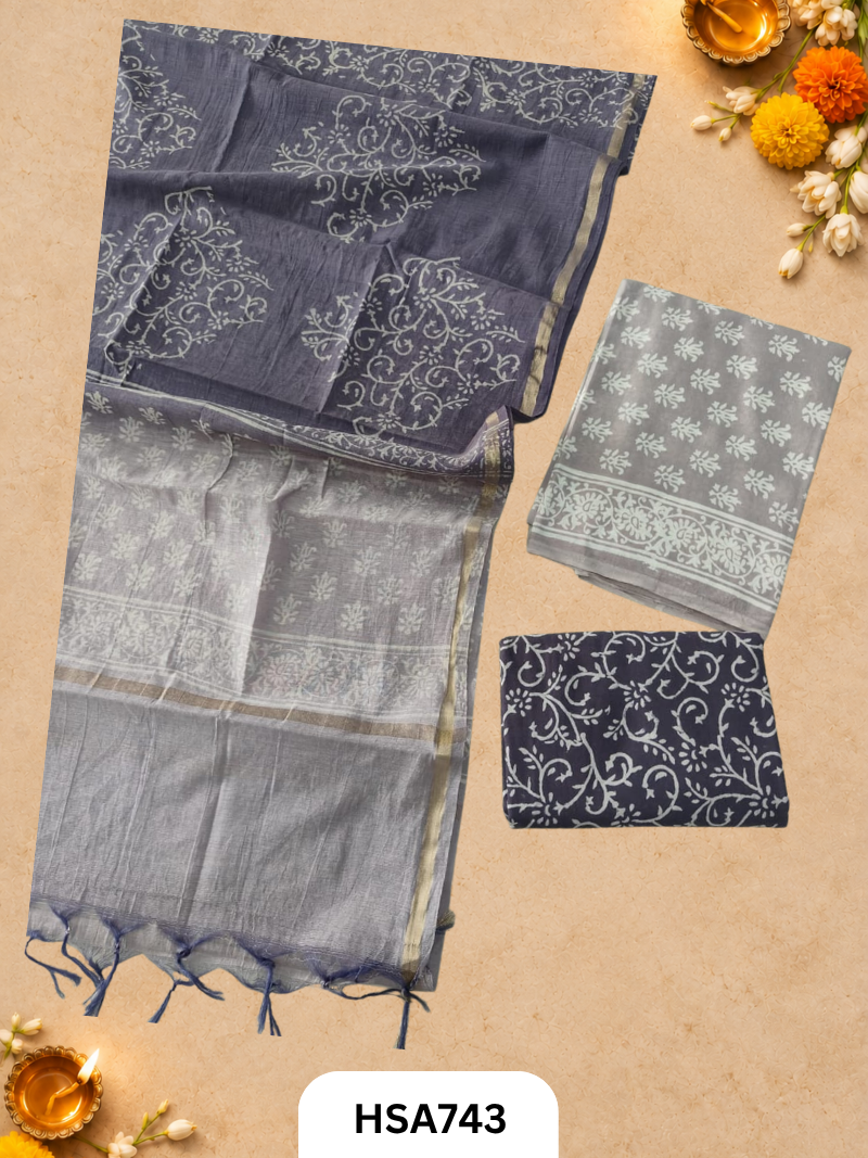 HandBlock Printed Chanderi Silk Dupatta With Cotton Suits -Top 2.5M Duptta 2.5M