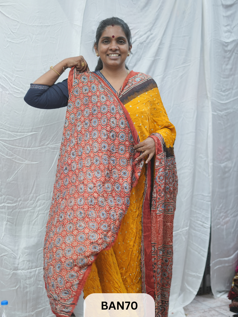 BANDHANI WITH AJRAKH SEMI GAJI SAREE