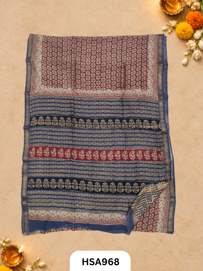Pure Maheswari Silk Cotton - Handblock Print Saree With Blouse