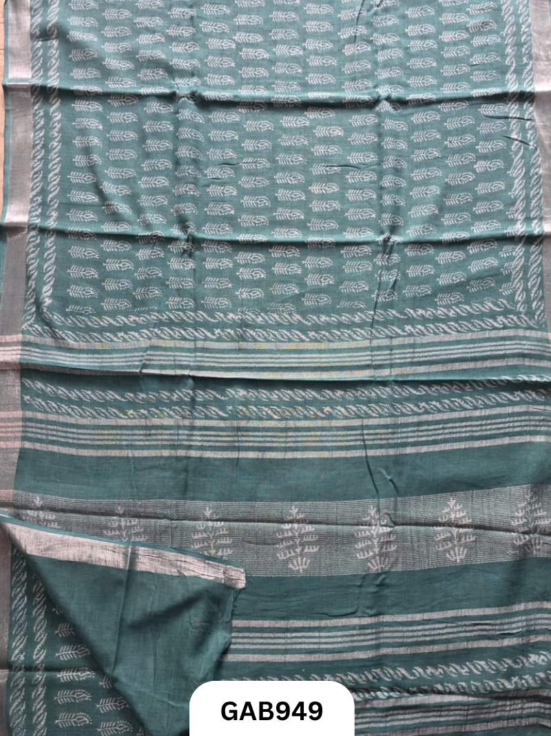 Bagru Handblock Print Linen Saree With Attached Blouse