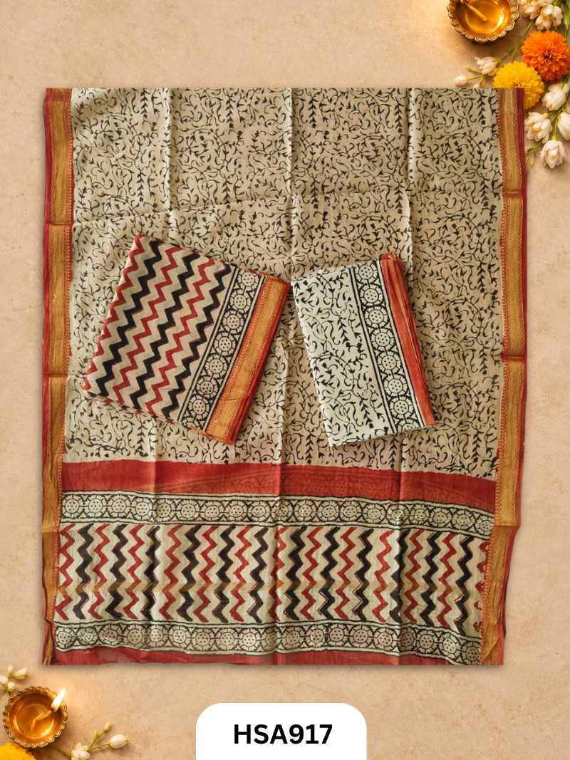 HandBlock Printed Maheshwari Silk Zari Border Top & dupttas 2.5 Mtrs | Bottom cotton 2.50 mtrs