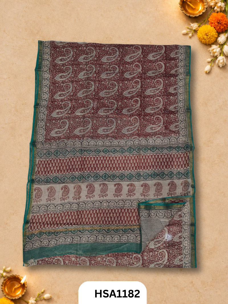 Hand Block Printed Kota Doriya Saree with Blouse