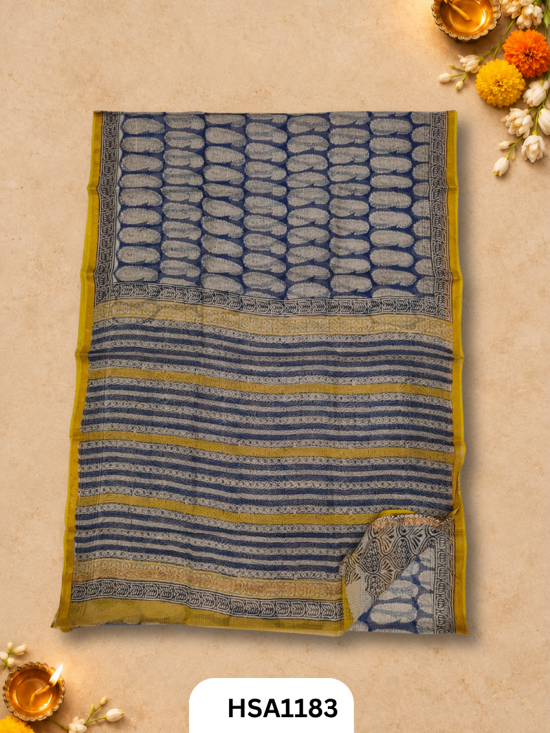 Hand Block Printed Kota Doriya Saree with Blouse