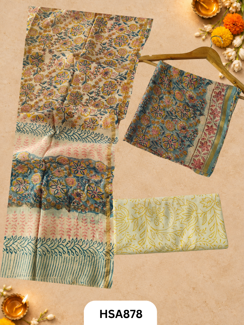 HandBlock Printed Chanderi Silk Cotton Suits -Top 2.5M Duptta 2.5M