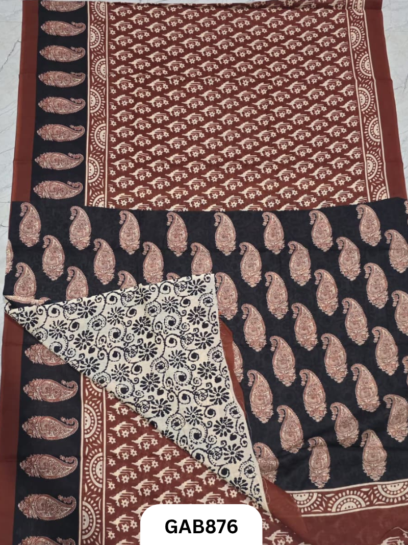 Bagru Block Print Cotton Mulmul Sarees With Running Blouse