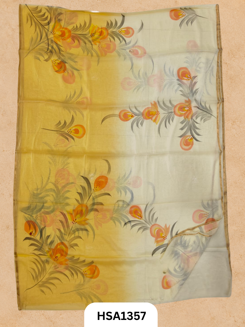 Chiffon Zari Border Saree - Hand Brush Painted