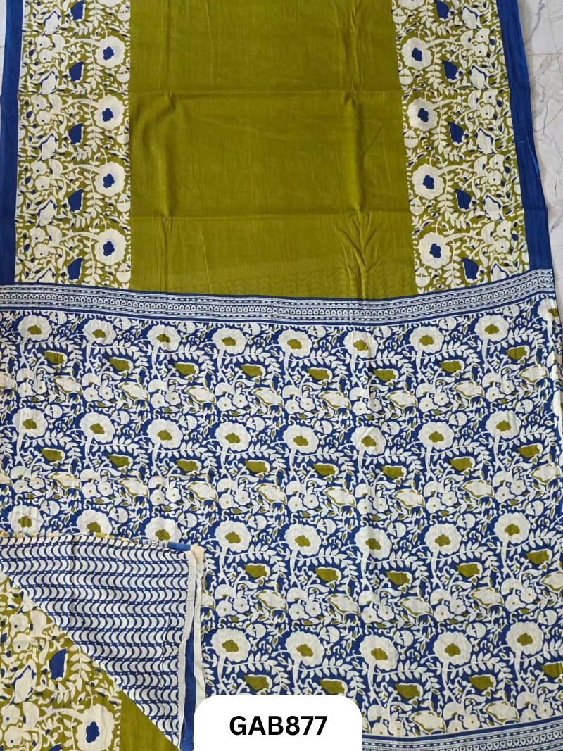 Bagru Block Print Cotton Mulmul Sarees With Running Blouse