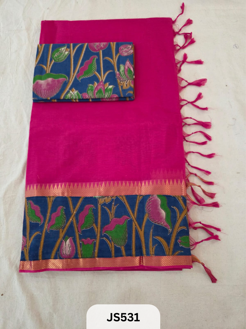 Mangalagiri Cotton X Kalamkari patch Border / dual blouse-1 mtr Kalamkari Blouse