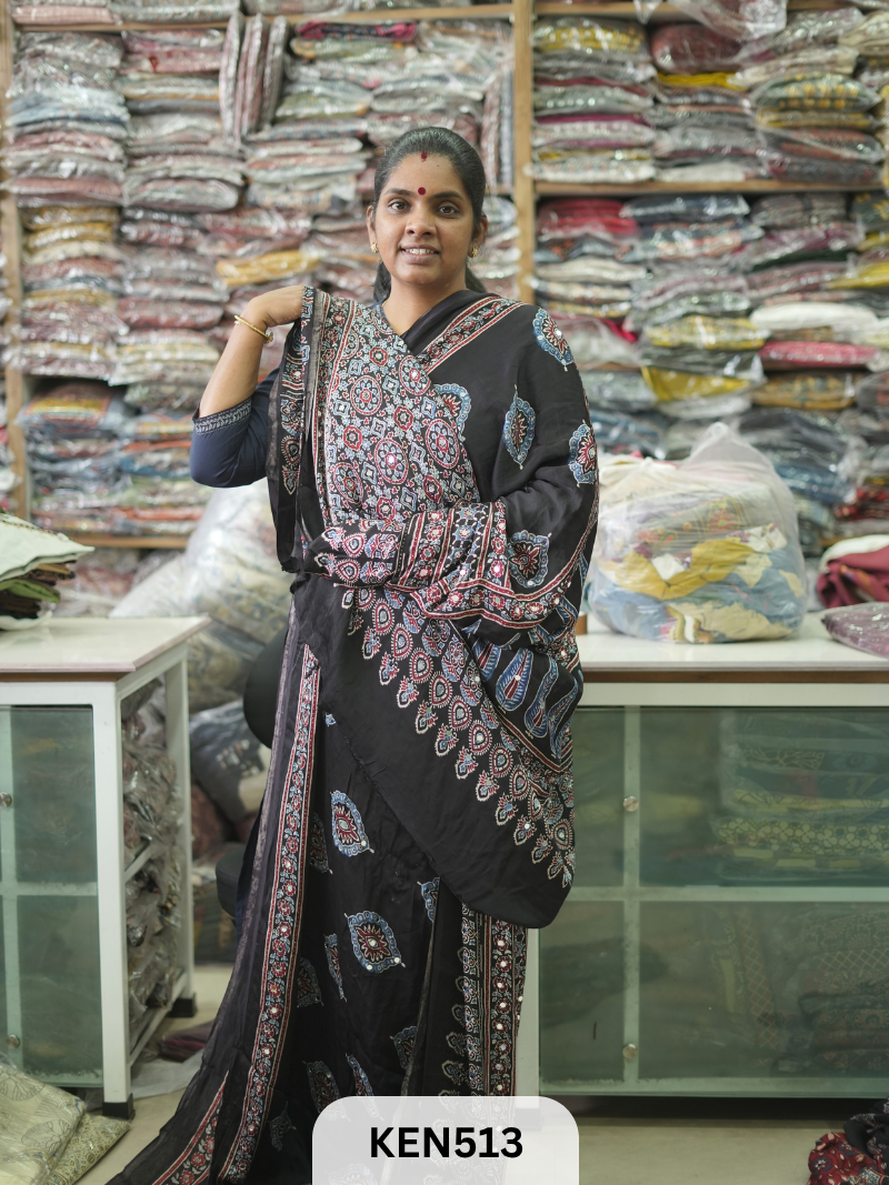 MODAL NATURAL AJRAKH HANDBLOCK SAREE WITH GLUE MIRROR