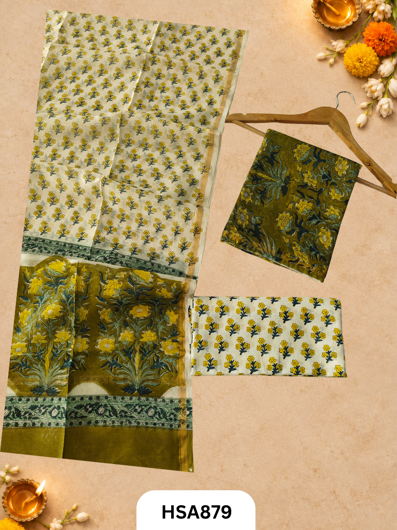 HandBlock Printed Chanderi Silk Cotton Suits -Top 2.5M Duptta 2.5M