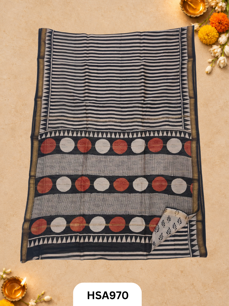 Pure Maheswari Silk Cotton - Handblock Print Saree With Blouse