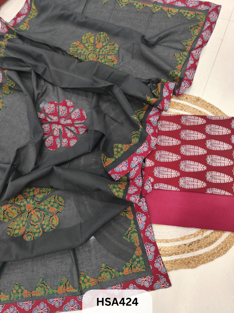 COTTON AJRAKH PRINT SUIT WITH AJRAKH PATCH WORK MUL DUPPATTA - HANDBLOCK
