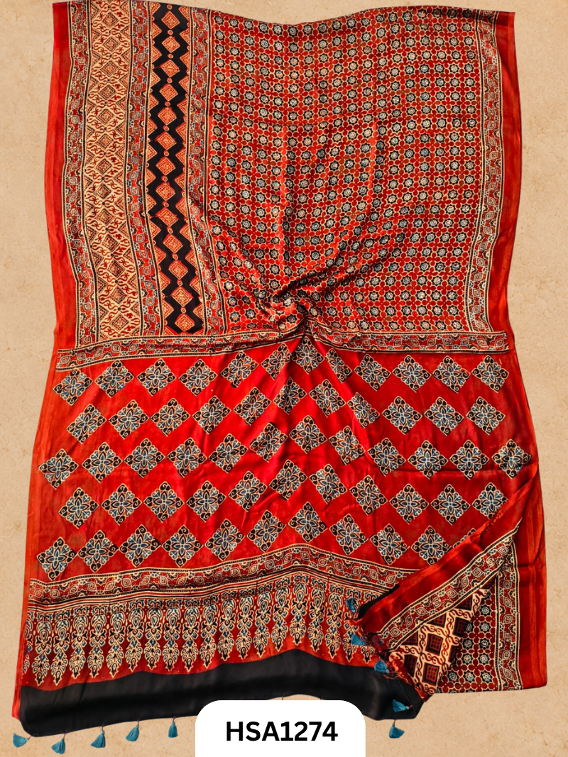 Natural Dye Vegetable Hand Block Print Ajrakh Print Pure Modal Silk Saree
