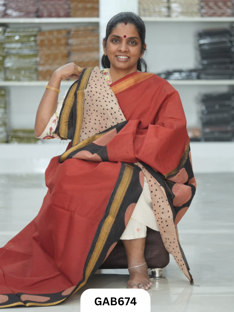 Hand Block Printed Maheshwari Silk Saree