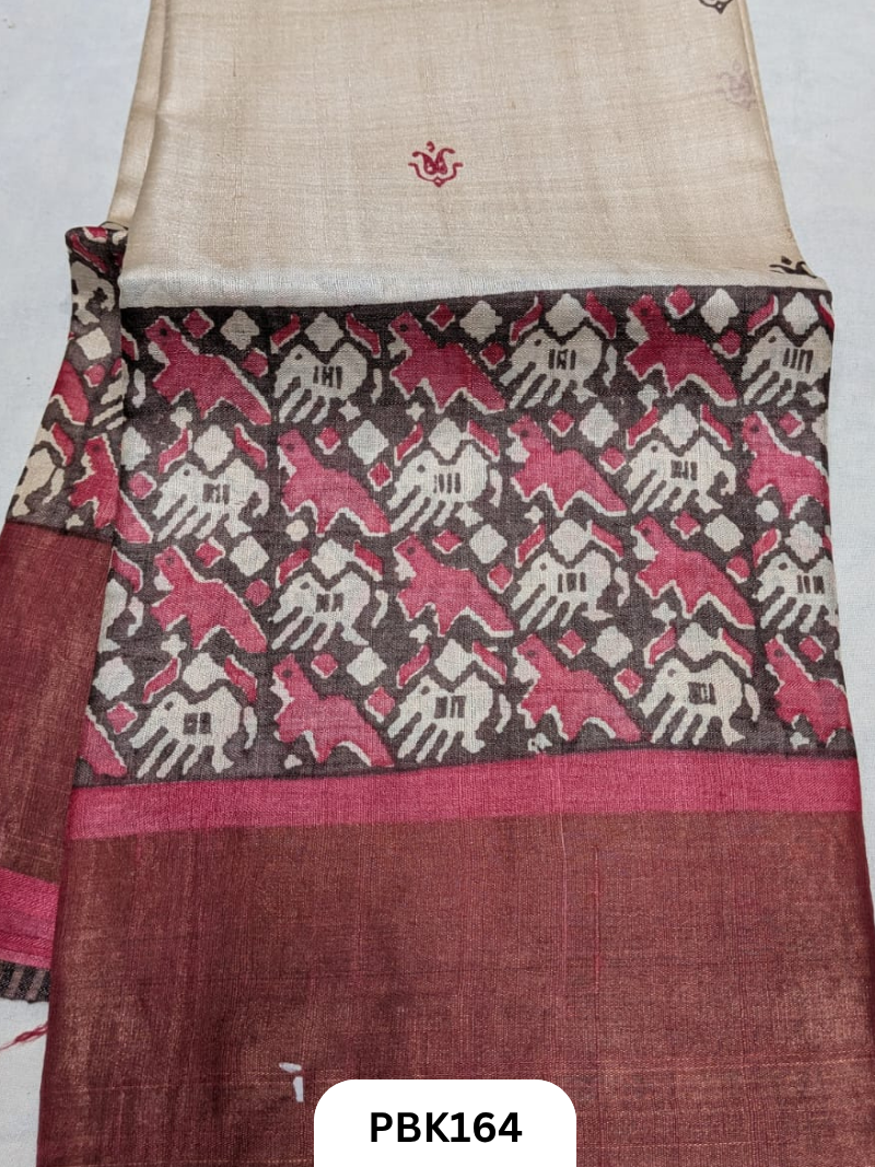 Premium Pure Tussar Silk Handblock Print Saree – Kolkata Special