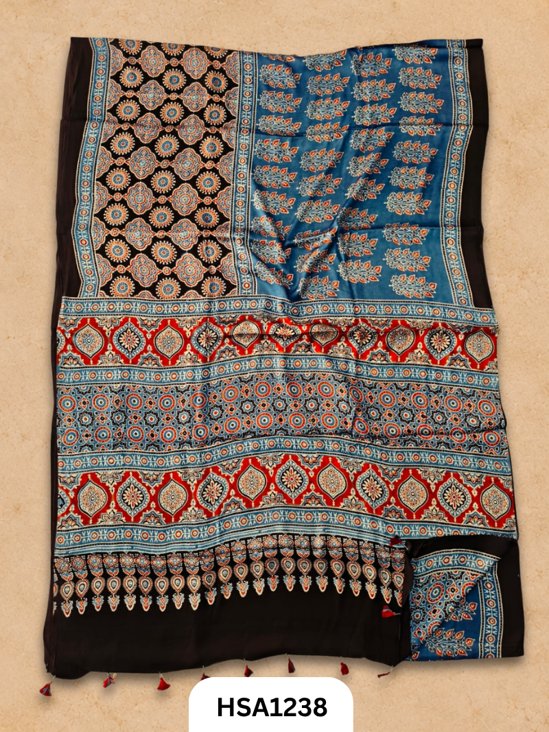 Natural Dye Vegetable Hand Block Print Ajrakh Print Pure Modal Silk Saree