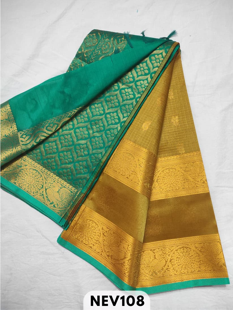 Handloom Silkcotton Long border zari checked butta with rich pallu saree