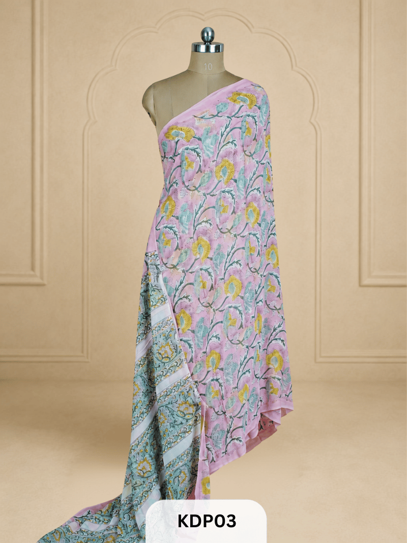 DOUBLE DIAMOND CHIFFON HANDBLOCK PRINT SAREE