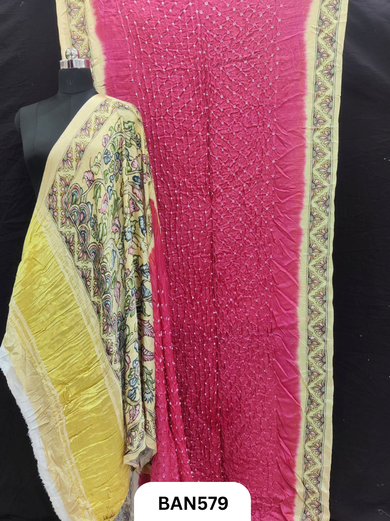 Semi Gaji ts kalamkari digital print pallu, blouse and border with bandhej saree
